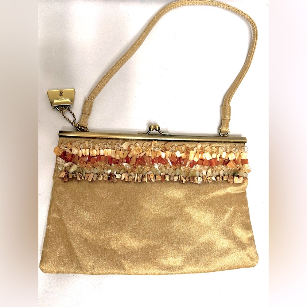 Elegant Champagne/Gold Beaded Evening Bag With Semi Precious Stones  NWOT